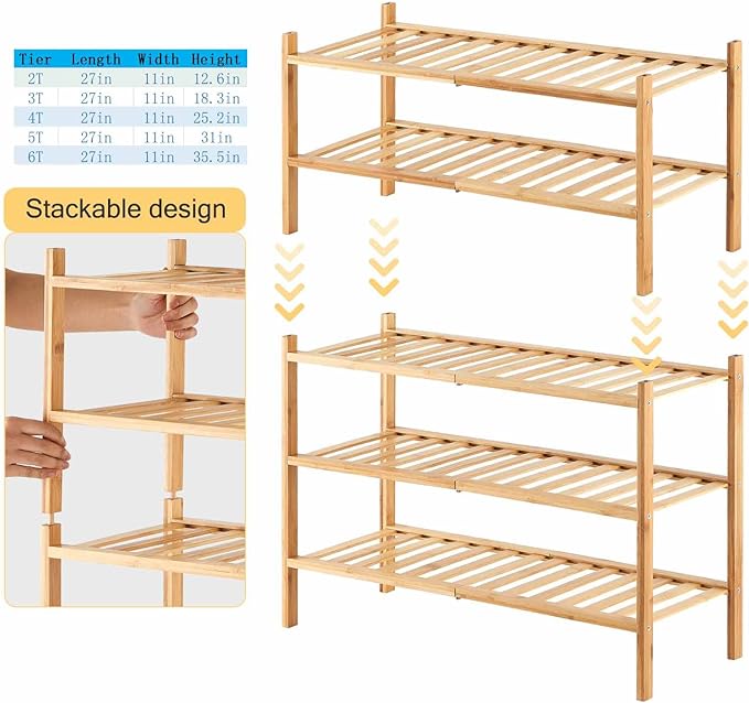 6-Tier Bamboo Shoe Rack for Entryway, Stackable | Heavy Duty | Multi-Function, Free Standing Shoe Racks for Bedroom Hallway Closet