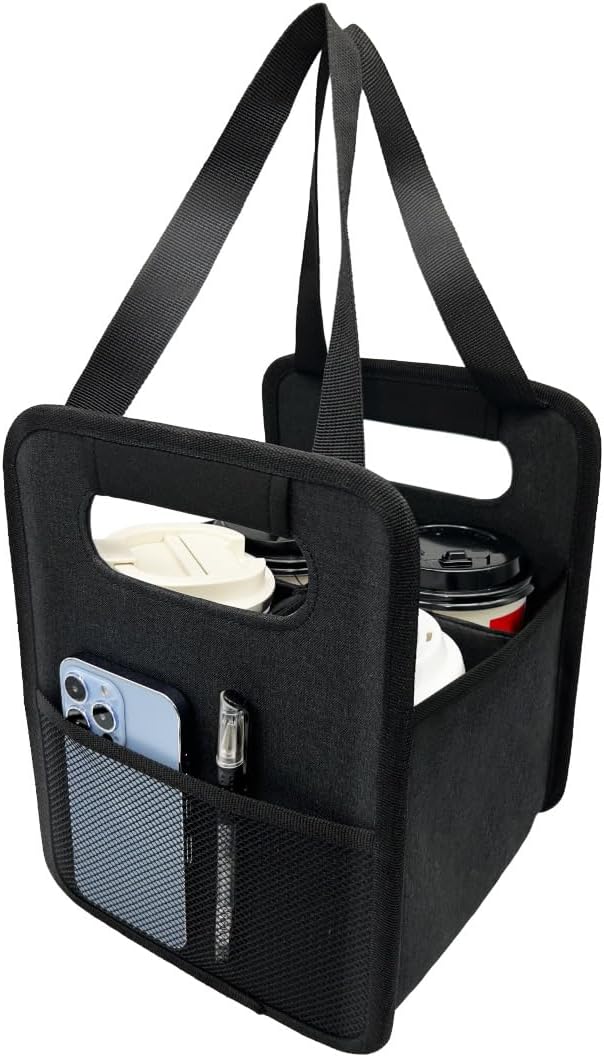 Skiennix Reusable 4-Cup Drink Carrier - Insulated Caddy with Adjustable Dividers | Foldable Black Holder for Hot & Cold Beverages