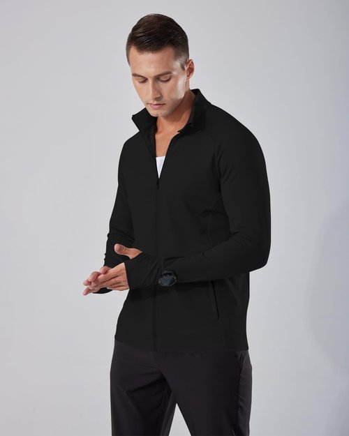 Locachy Men's Lightweight Quick Dry Athletic Jacket Full Zip Stand Collar Running Workout Performance Shirt Black L