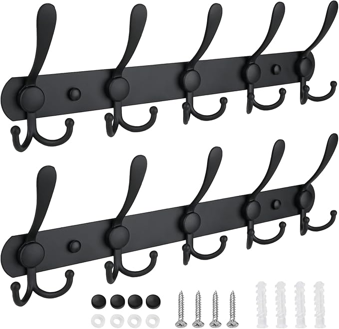 TICONN Wall Mounted Coat Rack, Five Heavy Duty Tri Hooks All Metal Construction