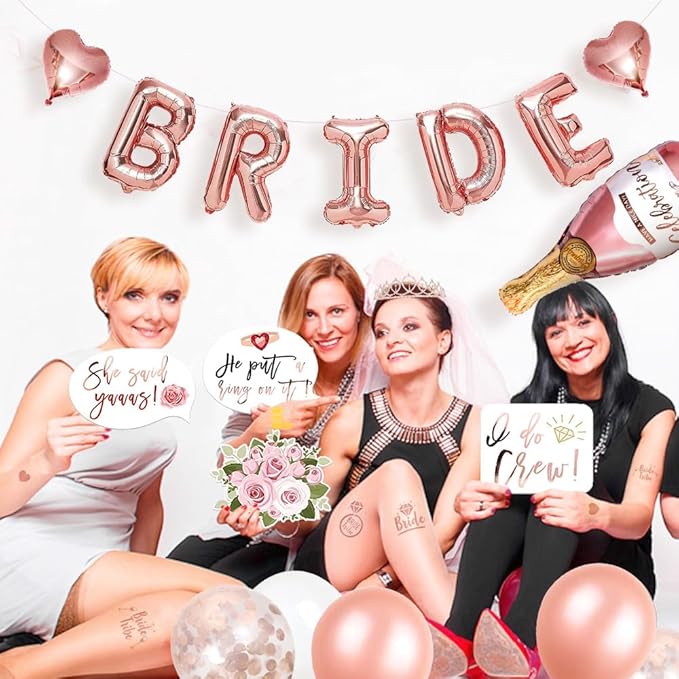MOVINPE Bachelorette Party Decorations, Bride to Be Sash, Veil, Rhinestone Tiara, Dare Cards, Photo Booth Props, Foil Curtains, Tattoos, Rose Gold Bridal Shower Party Supplies Decor