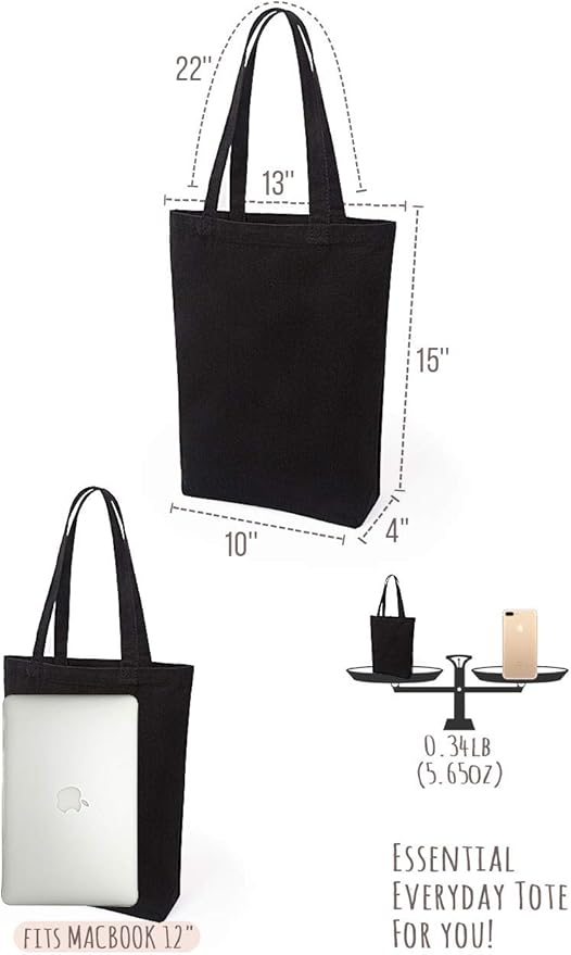 Lily queen Natural Canvas Tote Bags DIY Reusable Shopping Grocery Bag (Black - 12 Pack)
