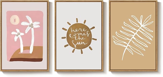 Framed Neutral Boho Abstract Wall Art Bedroom, 3 Piece Minimalist Tropical Sun