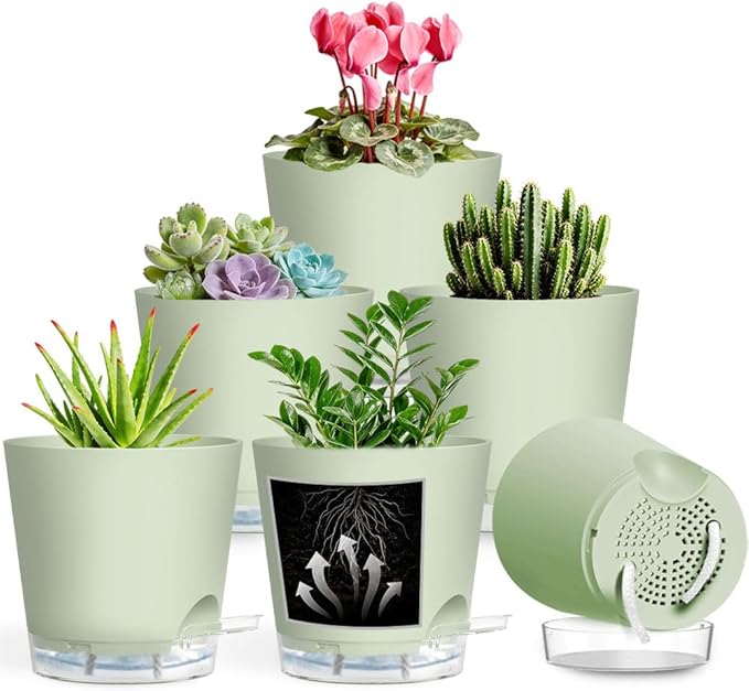 Self Watering Pots for Plants, 2026 New Flower Plant Pots with Drainage Holes, Wicking and Clear Reservoirs for Succulent, Aloe, Cacti and Others - 6 Pack (Green, 5")