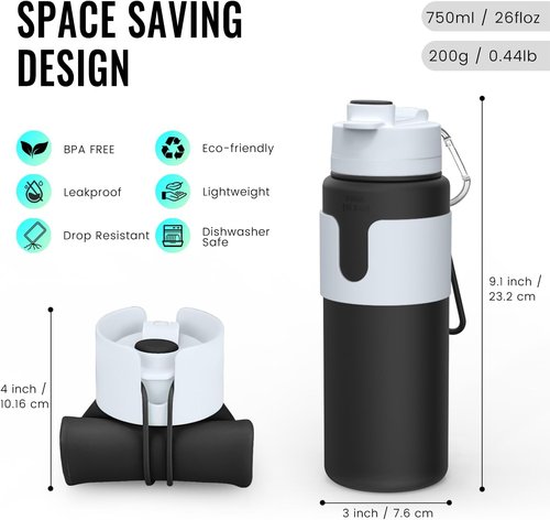 Nefeeko Collapsible Water Bottle - BPA-Free 26oz Foldable Design | Lightweight & Leak-Proof for Travel