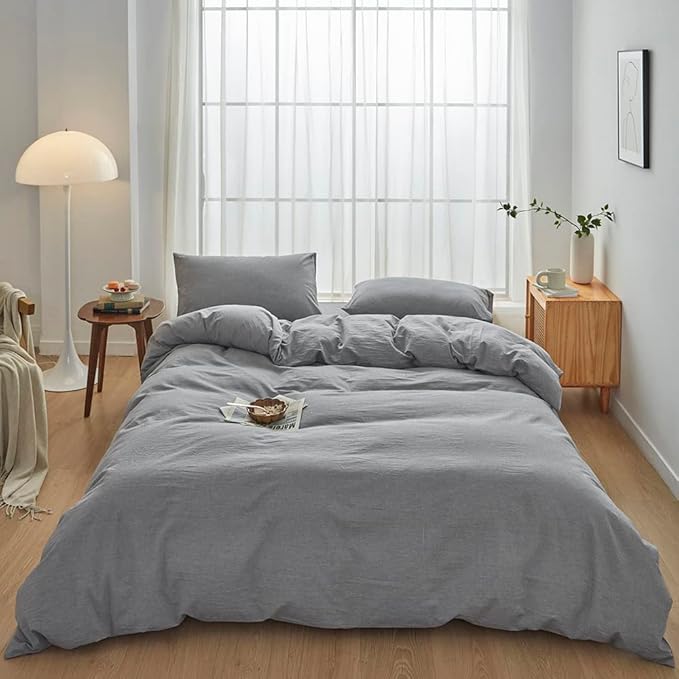 FACE TWO FACE Bedding Duvet Cover Set100% Washed Cotton Duvet Cover Linen Like Textured Breathable Durable Soft Comfy (Full, Light Grey)