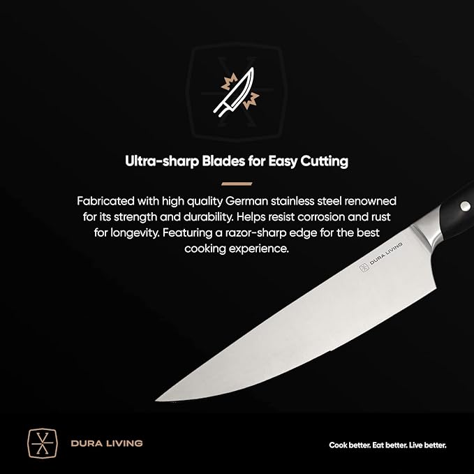 3-Piece Kitchen Knife Set – Ultra-Sharp German Stainless Steel, 8” Chef, 5” Utility, and 3.5” Paring Knives with Ergonomic Handles, Multipurpose Kitchen Knife Set, Black