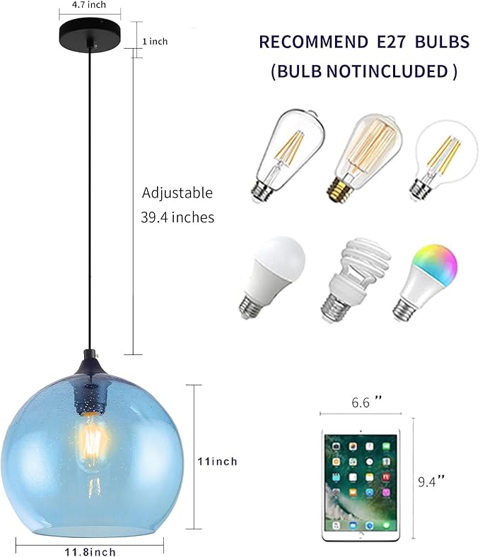 Blue Pendant Lights Kitchen Island Lighting Modern Globe Hand Blown Glass Pendant Light Ceiling Hanging Light fixtures for Kitchen Island Bedroom Living Dining Room Light Fixture-11.8in
