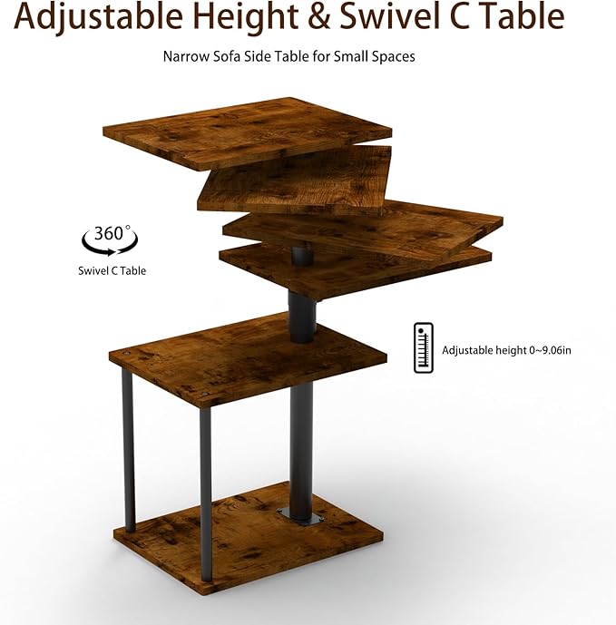 Swivel Side Table for Couch Arm, Height Adjustable C Shaped End Table for Recliner or Bed, Tv Trays with Storage Shelf for Small Spaces- Small Nightstand for Living Room, Bedroom, 2pc