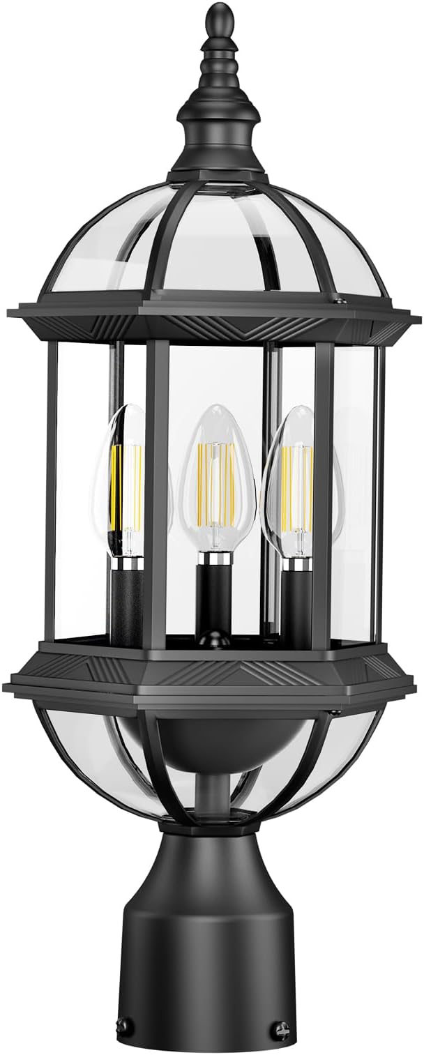 Large Outdoor Post Lights,19.21" 3-Light Lamp Post Light Fixture,Hardwired 120V Exterior Waterproof Pole Lighting,Modern Black Aluminum Lantern for Garden, Yard, Patio, Pathway