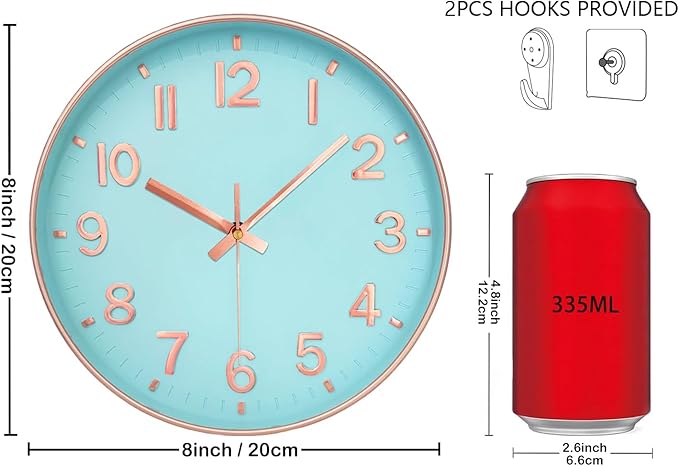 Wall Clock, 8 Inch Wall Clocks Battery Operated, Round Modern Non Ticking
