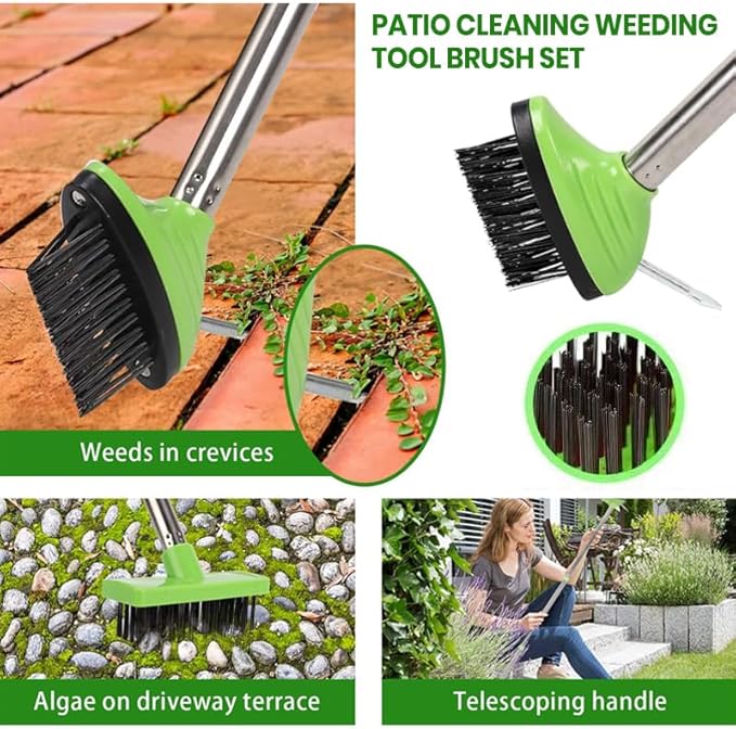 3-in-1 Weed Brush Tool Set, Adjustable Long Handle Crack Weeder & Moss Remover for Driveway, Patio, Sidewalk - Stainless Steel Crevice Cleaning Kit (2 Sets)