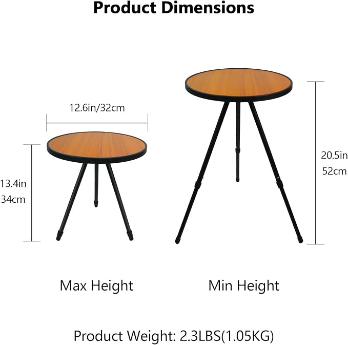 Small Folding Table Round Portable Patio Table Tool-Free Assembly Height Adjustable Side Table Easy to Carry and Move (Brown)