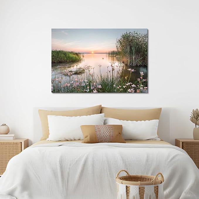 Hardy Gallery lake pictures wall decor artwork: scenic canvas wall art lake scene artwork nature scenery painting - sunset landscape prints for bedroom house 45"x30"