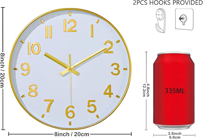 Gold Wall Clock, 8 Inch Wall Clocks Battery Operated, Round Modern Non Ticking