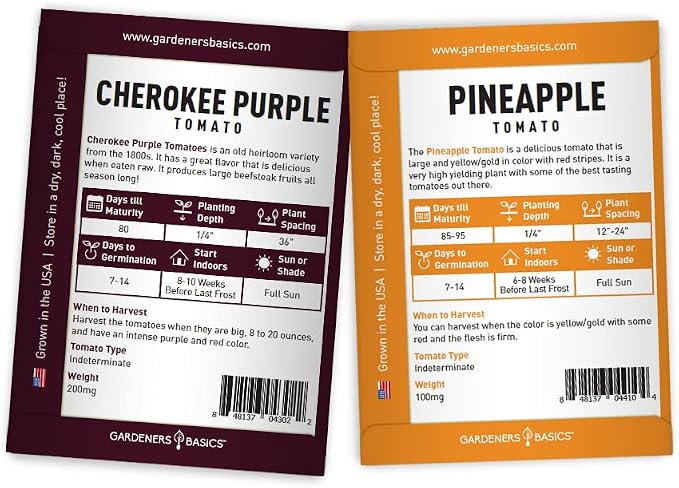 Gardeners Basics, 5 Rare Tomato Seeds for Planting Variety Pack Heirloom Tomato Seeds, Cherokee Purple, Black Krim, Pineapple, Green Zebra, Black Cherry, Determinate and Indeterminate & More, Non GMO