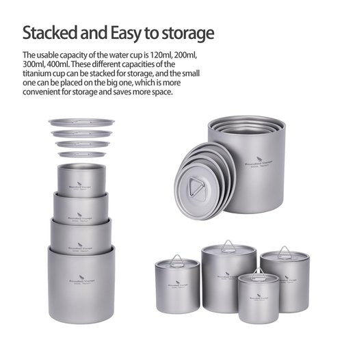 Boundless Voyage Titanium Double Walled Cups Ultralight Stackable Storage Metal Tea Coffee Drinking Mug Durable Portable Cup for Outdoor Camping Daily Use (3 Cups Set)