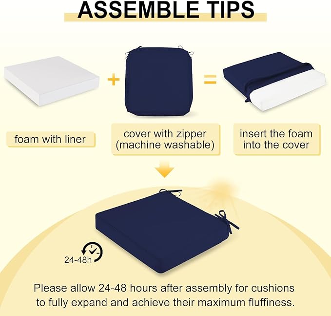 downluxe Waterproof Outdoor Chair Cushions Set of 2, 19" x 19" x 3" Patio Chair Cushion with Non-Slip Ties & Handle, Square Outdoor Cushion for Patio Furniture with Removable Cover, Navy