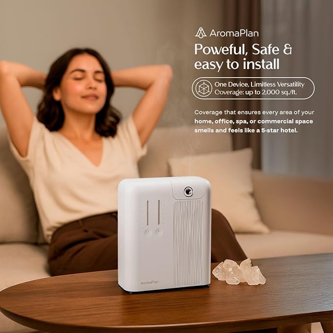 AromaPlan 2025 Waterless, Cold Air HVAC Scent Diffuser Whole House & Commercial Diffuser (Includes 2 Fragrances + 12 Set Sample kit) - Smart Scent Diffuser- Touch & App, 2000 Sq. Ft Cov. (White)