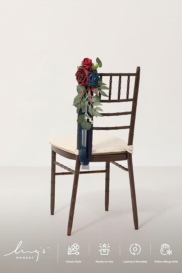 Ling's moment 8pcs Wedding Artificial Aisle Pew Flowers Chair Decorations Arrangements with Chiffon Ribbons Burgundy Navy Blue for Ceremony Chair Back Floral Decor Reception Church Party Outdoor