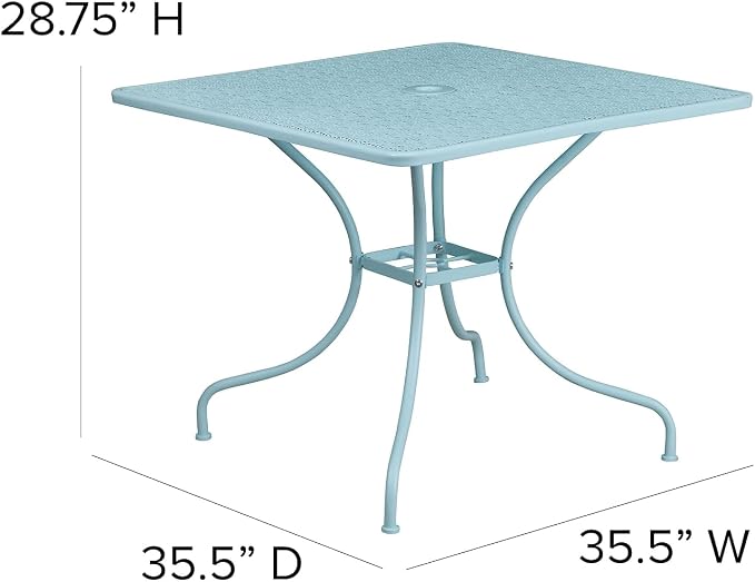Flash Furniture Oia Commercial Grade 35.5" Square Sky Blue Indoor-Outdoor Steel Patio Table with Umbrella Hole