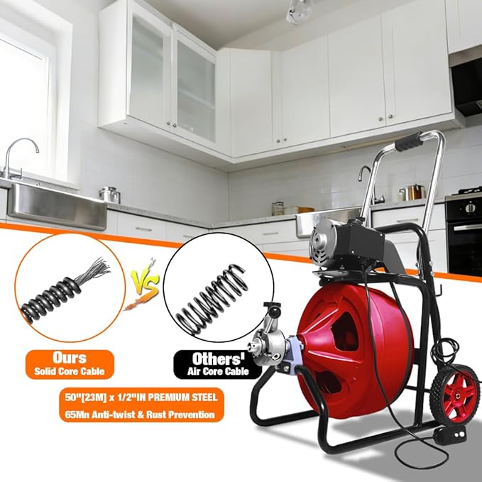 Drain Cleaner Machine 50FT x 3/8 Inch, Auto Feed Sewer Snake Drain Auger - Electric Drain Cleaning Machine Fits 1-1/4 Inch to 2 Inch Pipes, Portable Drain Auger Cleaner with 8 Cutters