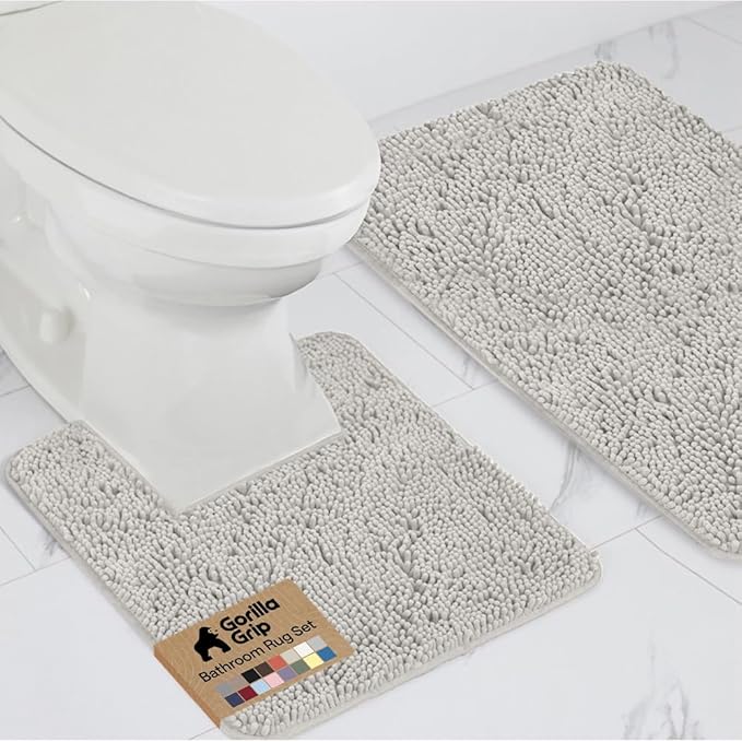 GORILLA GRIP Bathroom Rug Sets, Soft Chenille 2 Piece Area Rugs Set, Toilet Base Mat and 30x20 Carpet, Absorbent Microfiber Washable Mats Dry Quickly, Home Décor and Bath Room Accessories, Light Gray