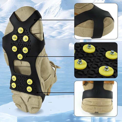 Shoes Traction Cleat 4 pcs Ice Snow Grips for Shoes Boots Non Slip Shoe Ice Grippers 10 Steel Rubber Spikes Crampons Footwear L Black