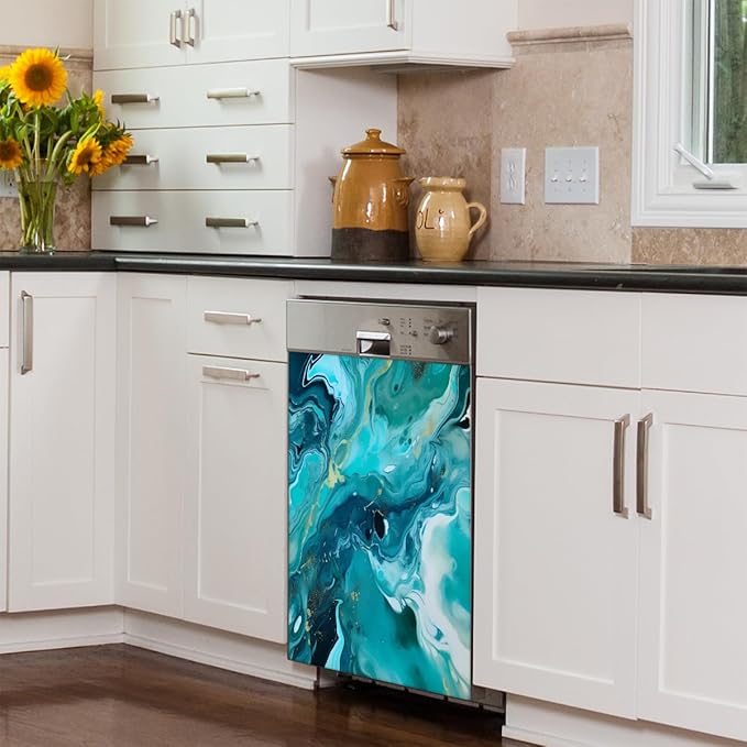 Dishwasher Magnet Cover Teal Green Marble Print Reusable Dishwasher Magnetic Cover Sticker Decorative Dish Washer Door Cover Panel for Home Kitcen Appliance