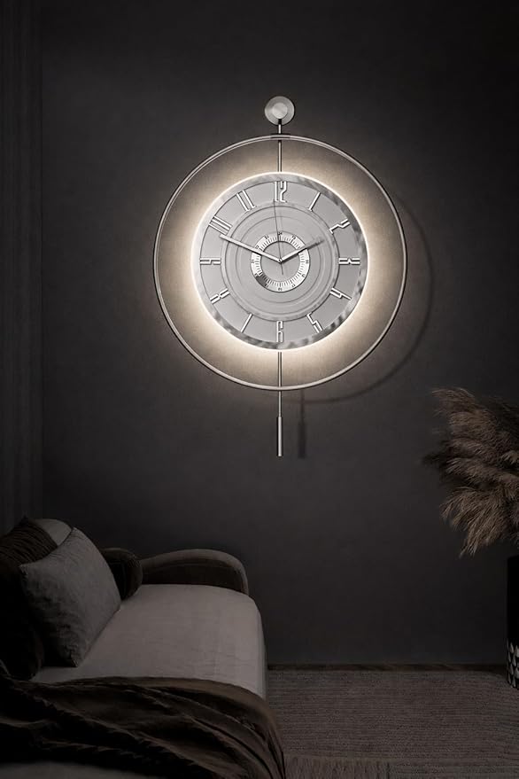 Large Luxury LED Backlit Wall Clock – Pendulum Roman Numeral Metal Ring