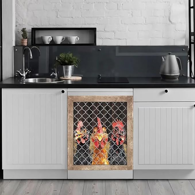 Generic Farm Chicken Coop Dishwasher Face Cover, Magnetic Decorative Country Hen Stickers, Farmhouse Rooster Magnetic Dishwasher Sticker, Fridge Door Cover, 23Wx26H