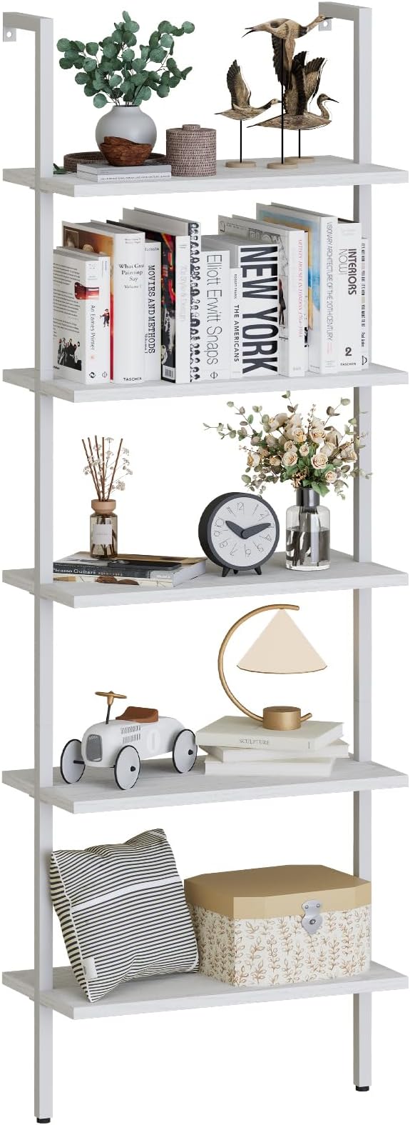 aboxoo Ladder Shelf White Wooden Bookshelf 5-Tier Wall-Mounted Open Wood Rack