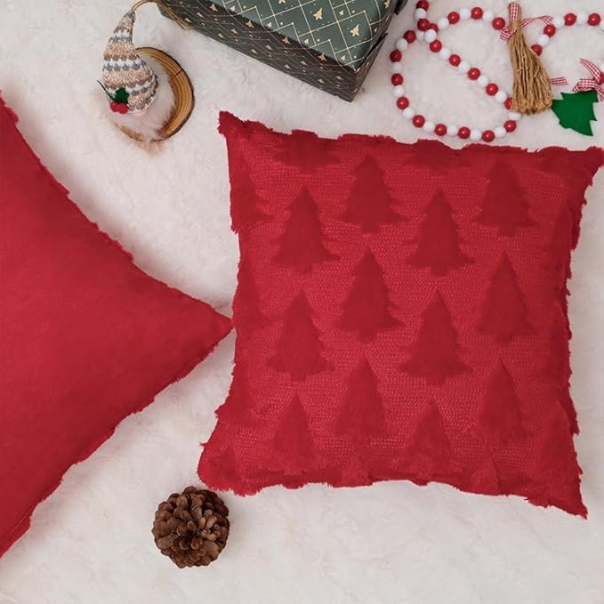 GEEORY Christmas Tree Throw Pillow Covers 16x16 Inch Set of 2, Xmas Winter Soft Plush Faux Fur Wool Decorative Farmhouse Holiday Cushion Case for Home Decoration (Red) GC005-16