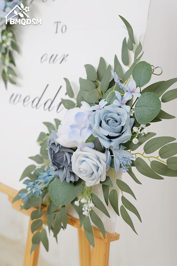 Wedding Welcome Signs Floral(Pack of 2)，Wedding Arch Flowers for Wedding Decorations and Reception Backdrop Decoration（New Blue）