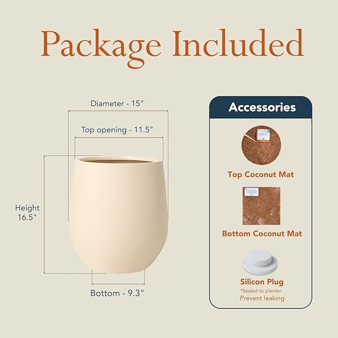 KUTE NEST 16.5" H x 15" D Premium Corso Fiberstone Round Tapered Planter with Drainage Hole, Smooth Finishes, Weather Resistant, Included 2 Extra Coco Mats (Kilim Beige, 11.5" Pot Opening)