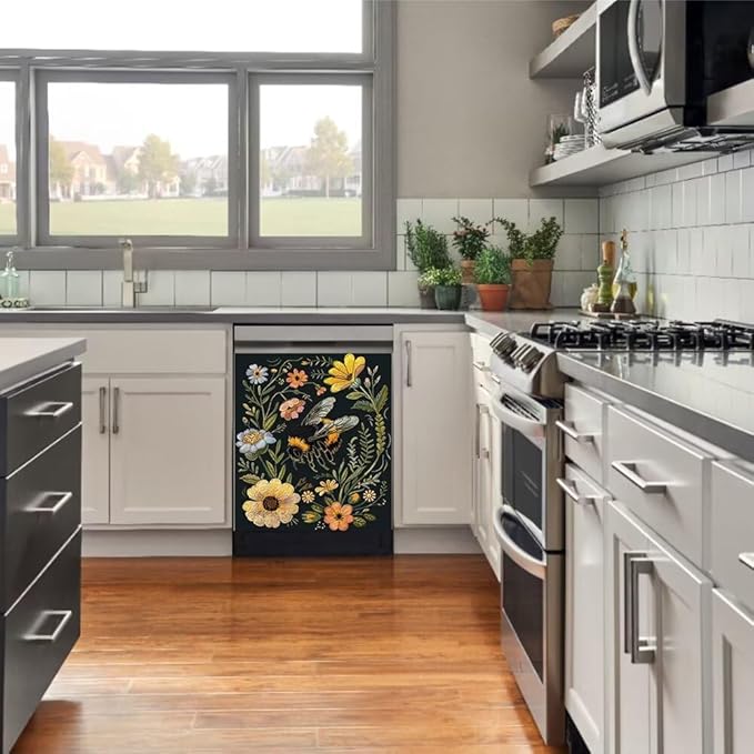 Flower and Bee Painting Dishwasher Magnet Cover Sticker,Refrigerator Magnet Cover Decal Fridge Magnetic Stickers Home Kitchen Decor,23W x 26H inchs