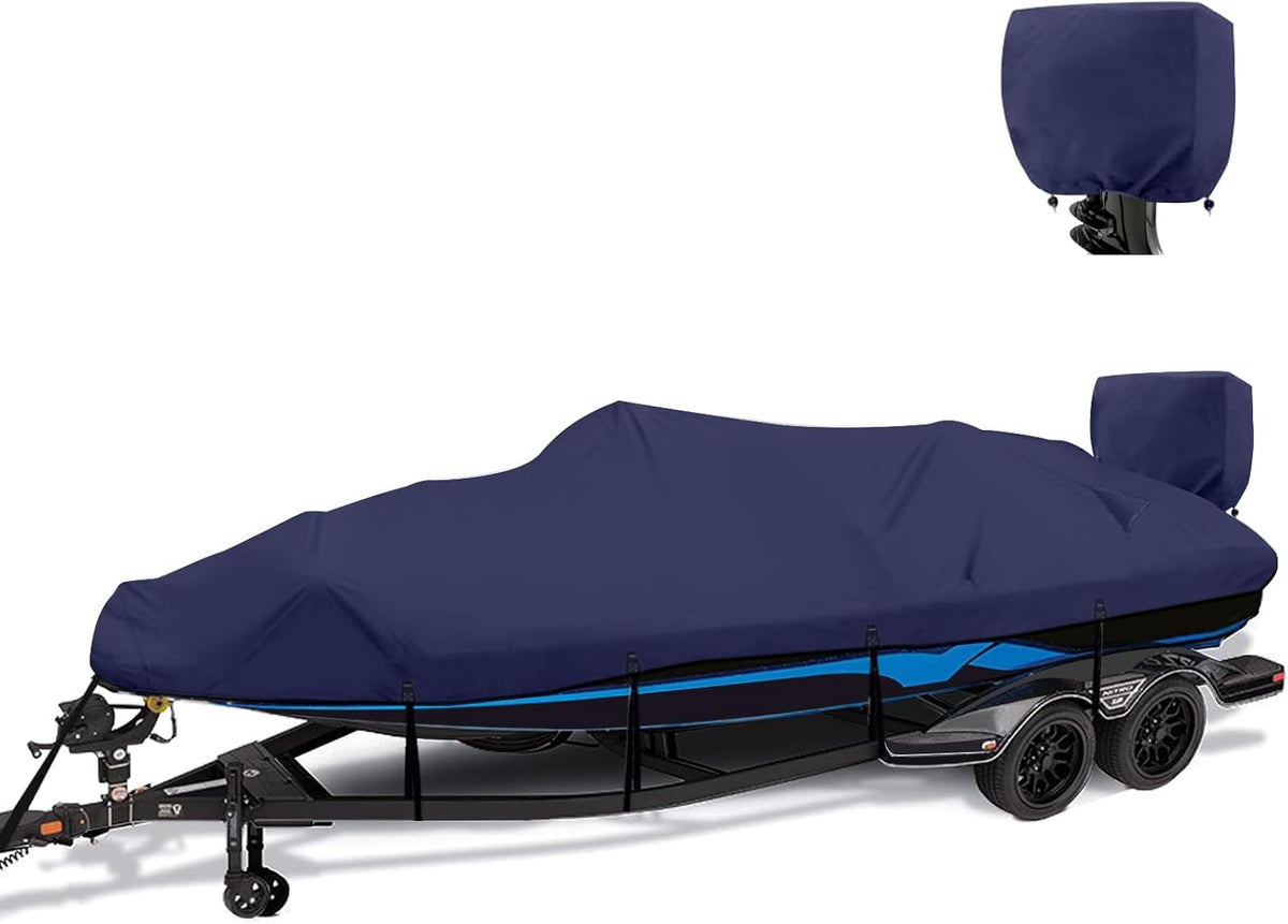 1200D Waterproof Boat Cover - Heavy-Duty Canvas for 16' to 18.5' Bass, V-Hull & Runabout Boats - Navy Blue