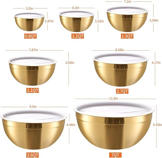 Gold Mixing Bowls with Airtight Lids, Stainless Steel Nesting Mixing Bowls Set of 7, Ideal for Baking, Prepping and Serving Food, Size 7, 3.6, 2.7, 2.1, 1.5, 1.1,0.8 QT, Stackable Design