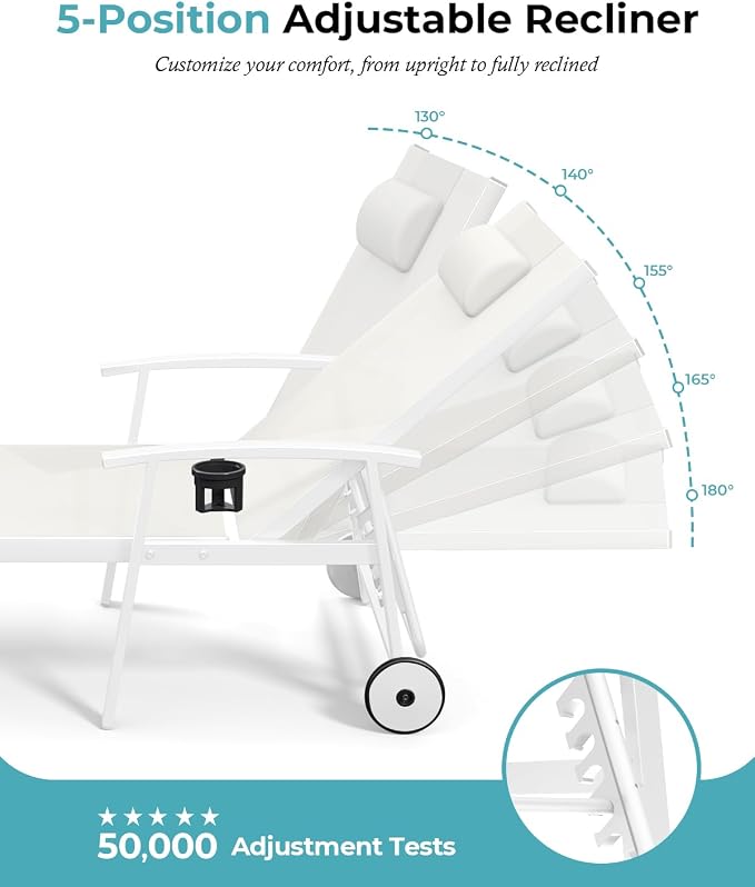 Ciokea Outdoor Lounge Chair with Pillow, 5-Position Aluminum Chaise Lounge with Wheels & Armrests, 400 lbs Heavy Duty Patio Pool Chair for Deck, Backyard, Beach & Poolside, White