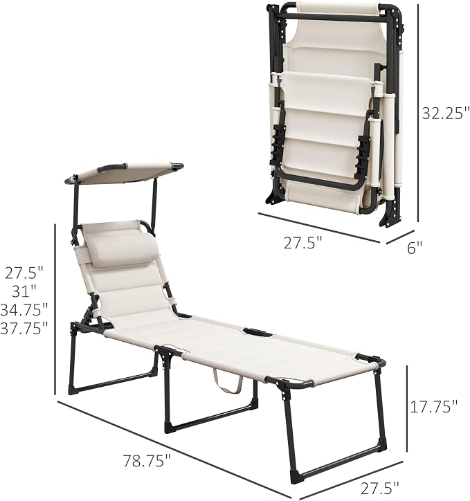 Outdoor Lounge Chair, Tanning Chair with Sunshade Roof, Adjustable Backrest Folding Chaise Lounge with Pillow Headrest for Outside, Beach, Camping, Hiking (Sunshade Roof, Cream White)