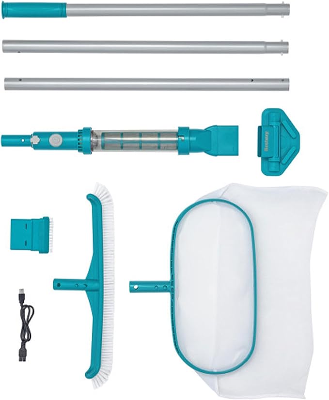 Bestway AquaSurge Pool Maintenance Accessories Cleaning Kit with Rechargeable Pool Vacuum and Skimmer for Outdoor Swimming Pools