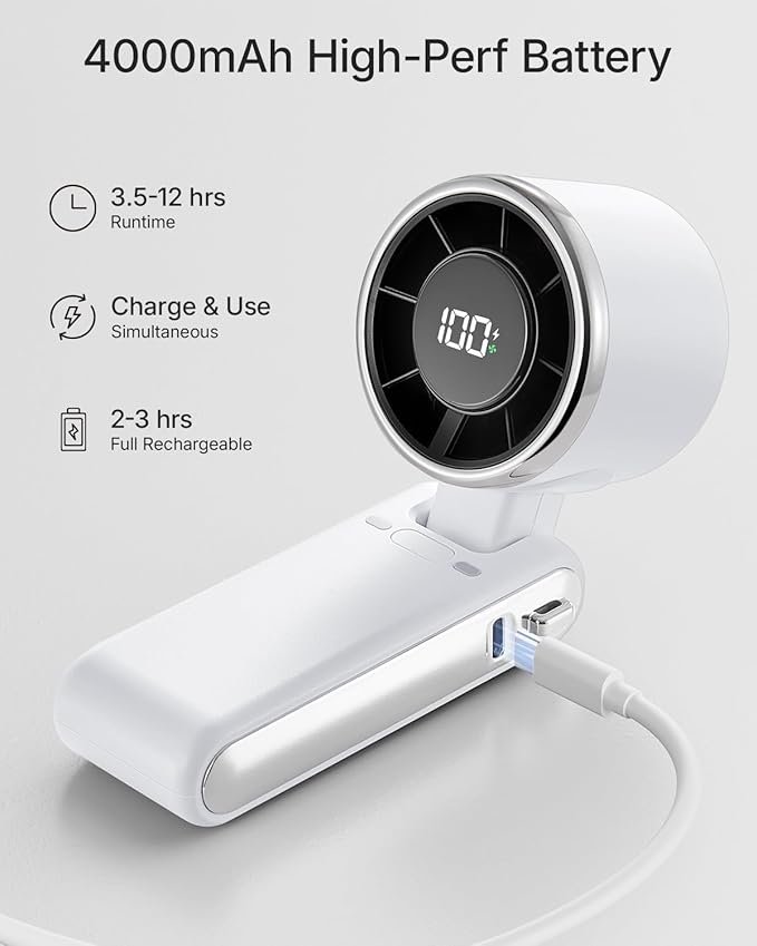 Portable Handheld Turbo Fan - 5 Gear High Speed 4000mAh Rechargeable Mini Personal Hand Fan Blow Cold Air, Battery Operated Travel Essentials, Beach Vacation, Gifts for Women, Men (White)