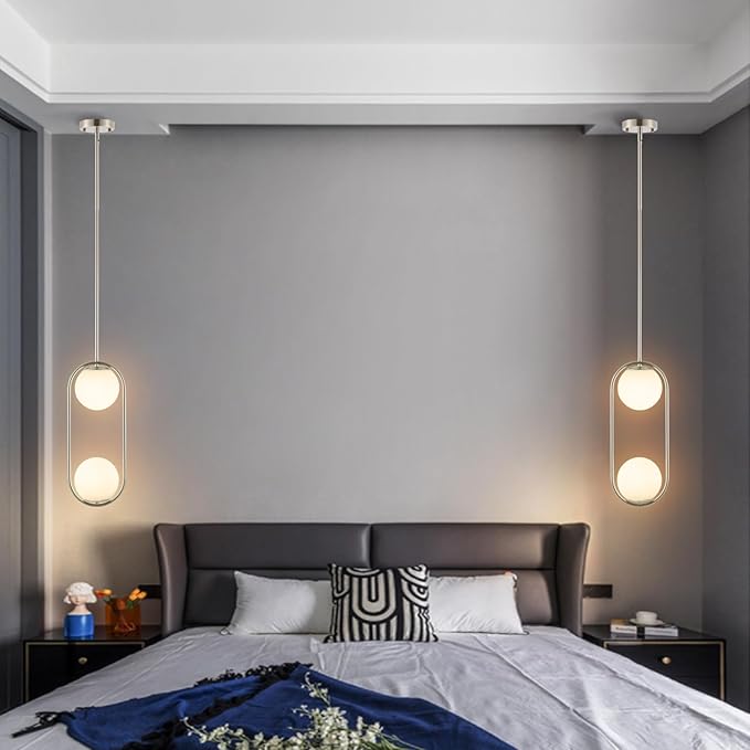 Modern Globe Pendant Light 2-Lights Brushed Nickel Chandelier Mid Century Ceiling Hanging Lighting Fixture White Globe Glass Shades for Kitchen Island Dining Room Bedroom