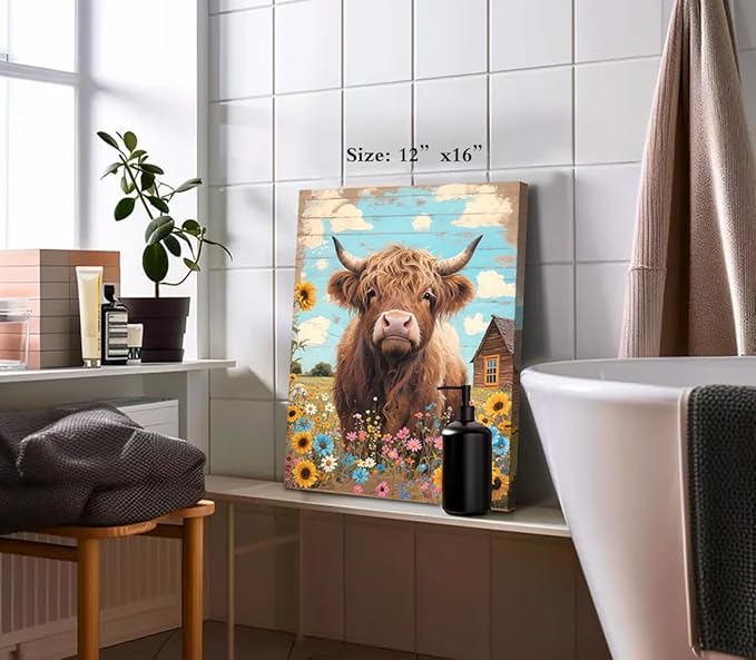 Rustic Farmhouse Highland Cow Wall Art,Rustic Highland Cow Sunflower Canvas Pictures Wall Decor,Country Animal Cattle Canvas Print Framed Artwork for Bathroom Bedroom Living Room12 x16