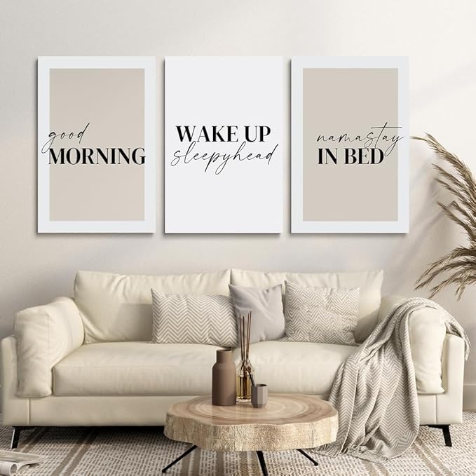 GUBIYU Bedroom Prints Set of 3, Above Bed Decor, Good Morning Namastay in Bed