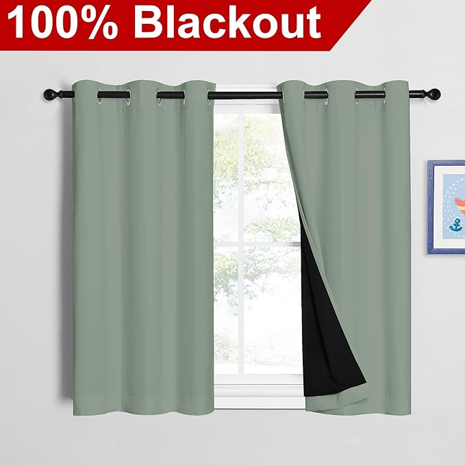 NICETOWN Greyish Green 100% Blackout Curtains 45 inches Long, 2 Thick Layers