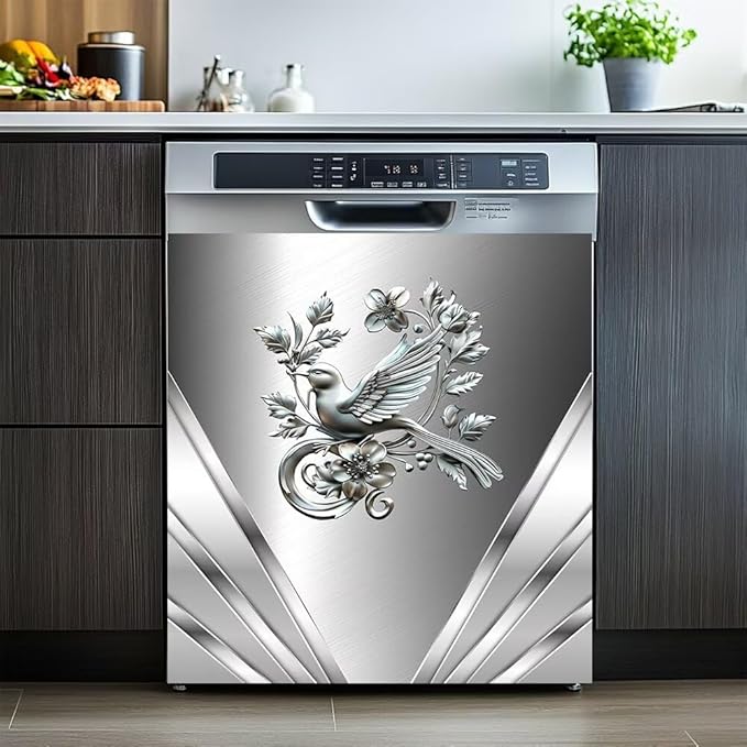 Dishwasher Magnetic Sticker Kitchen Decorative,Stainless Steel Design Bird andd Flower Pattern Fridge Door Panels,Refrigerator Magnetic Cover,Front Panel Replacement Cover 23W x 26H inchs
