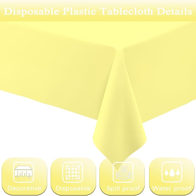 WNINK 3 Pack Light Yellow Tablecloths, Yellow Disposable Plastic Waterproof Table Cover, 54" x 108", for Birthday, Baby Shower，Wedding, Bridal Shower, Picnic Camping Parties