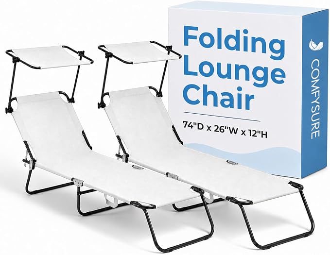 Folding Outdoor Lounge Chair with Canopy - Portable & Adjustable Beach Lounge Chair - 5-Positions, Carry Handles, 600D Fabric, 220 lbs Capacity – Tanning Chaise Lounge for Beach, Patio (2, Cream)