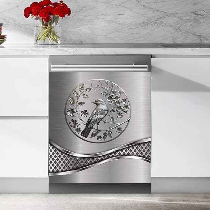 Stainless Steel Design Bird Wallpaper Dishwasher Magnet Cover Sticker,Refrigerator Magnet Cover Decal Fridge Microwave Stickers Kitchen Decor,23 x 17 Inch